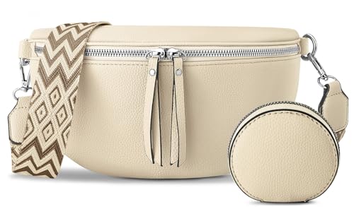 heekpek Umhängetasche Damen Leder Bauchtasche Damen Stylisch Verstellbaren Schultergurt Crossbag Damen Umhängetasche mit Kleine Runde Geldbörse, Beige von heekpek