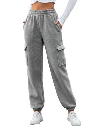 heekpek Warme Jogginghose Damen Winter High Waist Kordelzug Freizeithose Fleece Gefütterte Jogginghose Damen Baggy Cargohose mit 6 Taschen, Dunkelgrau, XL von heekpek