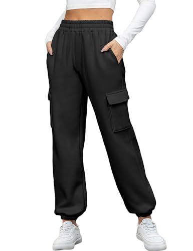 heekpek Warme Jogginghose Damen Winter High Waist Kordelzug Freizeithose Fleece Gefütterte Jogginghose Damen Baggy Cargohose mit 6 Taschen, Schwarz, L von heekpek