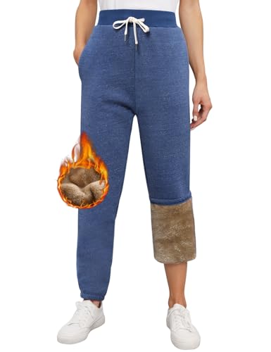 heekpek Warme Jogginghose Damen Winter mit Gefüttert Fleece Thermo Jogginghose Damen High Waist Basic Lounge Sweathose Damen Lang Freizeithosen, Blau, L von heekpek