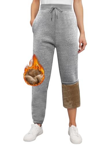 heekpek Warme Jogginghose Damen Winter mit Gefüttert Fleece Thermo Jogginghose Damen High Waist Basic Lounge Sweathose Damen Lang Freizeithosen, Hellgrau, M von heekpek