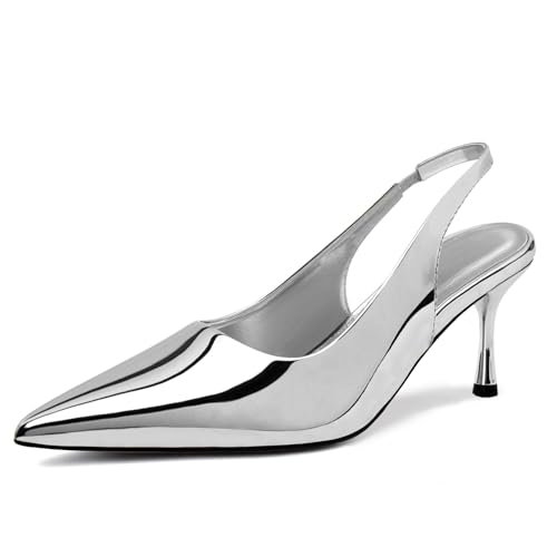 heelchic Pumps für Damen, spitzer Zehenbereich, niedriger Absatz, bequem, Kätzchen-Absatz für Damen, elegante Schuhe, 443/Silber, 37.5 EU von heelchic