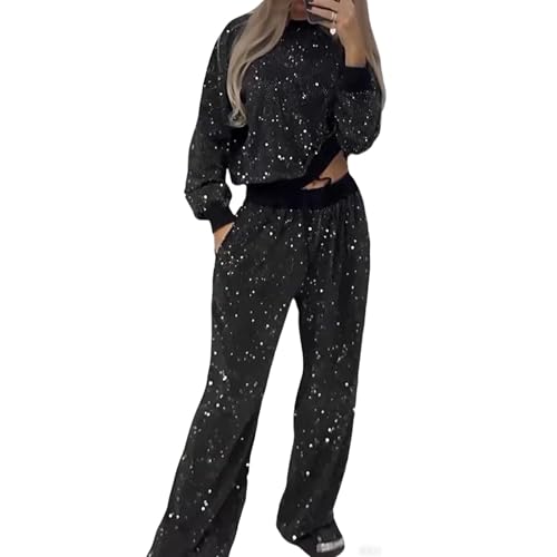 heepqy 2025 Neu Glitzer Oberteile Damen, Locker Sitzendes Langarm Bluse mit Pailletten und Hose mit Weitem Bein, für Karneval, Halloween, Party (Schwarz, XL) von heepqy