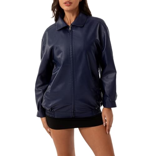 Lederjacke Damen Kurz Jacke Übergangsjacke aus Kunstleder mit Reißverschluss für Herbst Bikerjacke Damen Blouson Jacke Pilotenjacke von hehiy