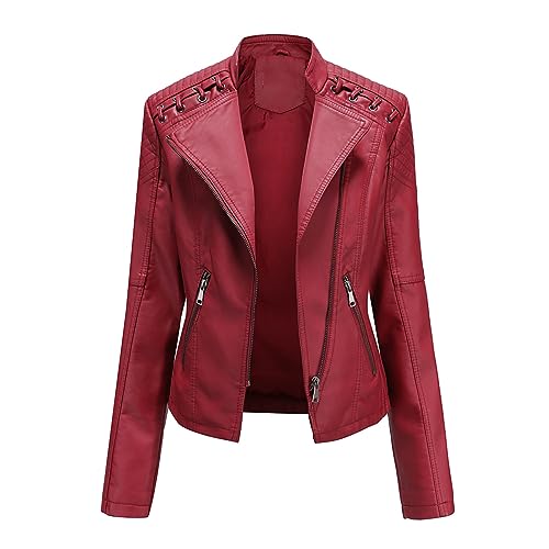 hehiy Damen Lederjacke Kunstleder Bikerjacke Herbst Beiläufig Weiche Kurz Mantel Rote Lederjacke Damen Oversize Bikerjacke Damen Schwarz Stoff von hehiy