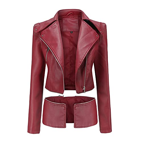 hehiy Damen Lederjacke Schlank Kurz Kunstleder Kapuze Jacket Reißverschluss Motorrad Jacke für Frühling und Herbst Kurze Lederjacke Damen Braun Bikerjacke Damen GroßE GrößEn von hehiy