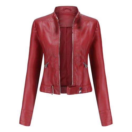 hehiy Damen Lederjacke Schlank Kurz Kunstleder Kapuze Jacket Reißverschluss Motorrad Jacke für Frühling und Herbst Lederjacke Damen Echtleder Lederjacke Damen GefüTtert Lang von hehiy