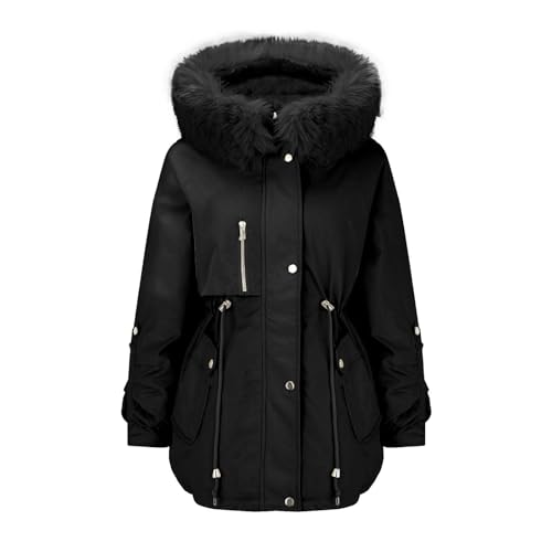 hehiy Damen Winterjacke Steppjacke warm mit Abnehmbarer Kapuze und Kunstfellkragen Mit XS-XXL Laufjacke Damen Leicht Beige Kurzmantel Damen Wolle von hehiy