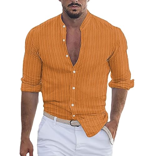 hehiy Herren Baumwolle Retro Stil Roll-Up Langarm Shirt Casual LeinenäHnliche Henley Tops Herren Hemd Sommer Sommerhemd Herren Langarm Leinen Herrenhemden Langarm Comfort Fit von hehiy