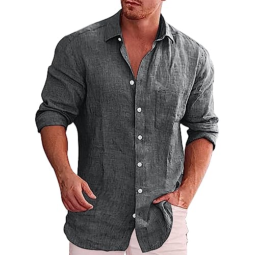 hehiy Herren Baumwolle Retro Stil Roll-Up Langarm Shirt Casual LeinenäHnliche Henley Tops Herrenhemd Langarm Strandhemd Herren Weiß Hawaii Hemd Herren Original von hehiy