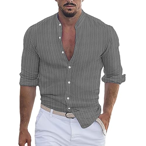 hehiy Herren Freizeithemd Langarm Baumwoll Leinenhemd Henley Hemd Men's Casual Beach Shirts Strand Hemd Herrenhemden Langarm BüGelfrei Leinenhemd Herren Langarm 4XL Hemd Herren Leinen Langarm von hehiy