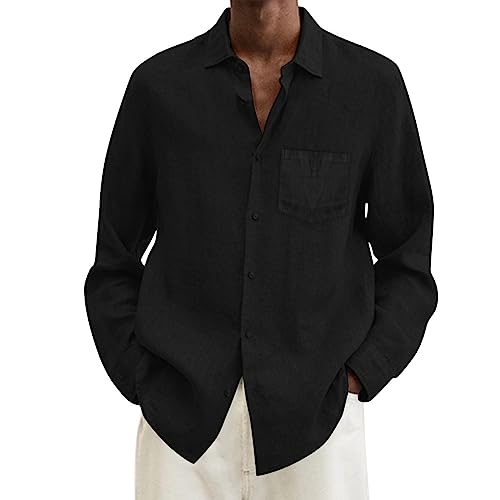 hehiy Herren Langarmhemd Aus Leinen Basic Hemd Mit Kragen Langarm FüR MäNner Langarmhemden FüR MäNner Schwarzes Leinenhemd Herren Hemden Weiß Herren Langarm Slim Fit Hawaii Shirt Men von hehiy