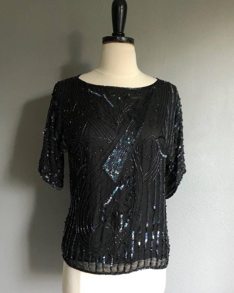 Seide Sequin Slouchy Schwarze Bluse | xs-S Seide Sequin Slouchy Schwarze Bluse | xs-S von heightofvintage