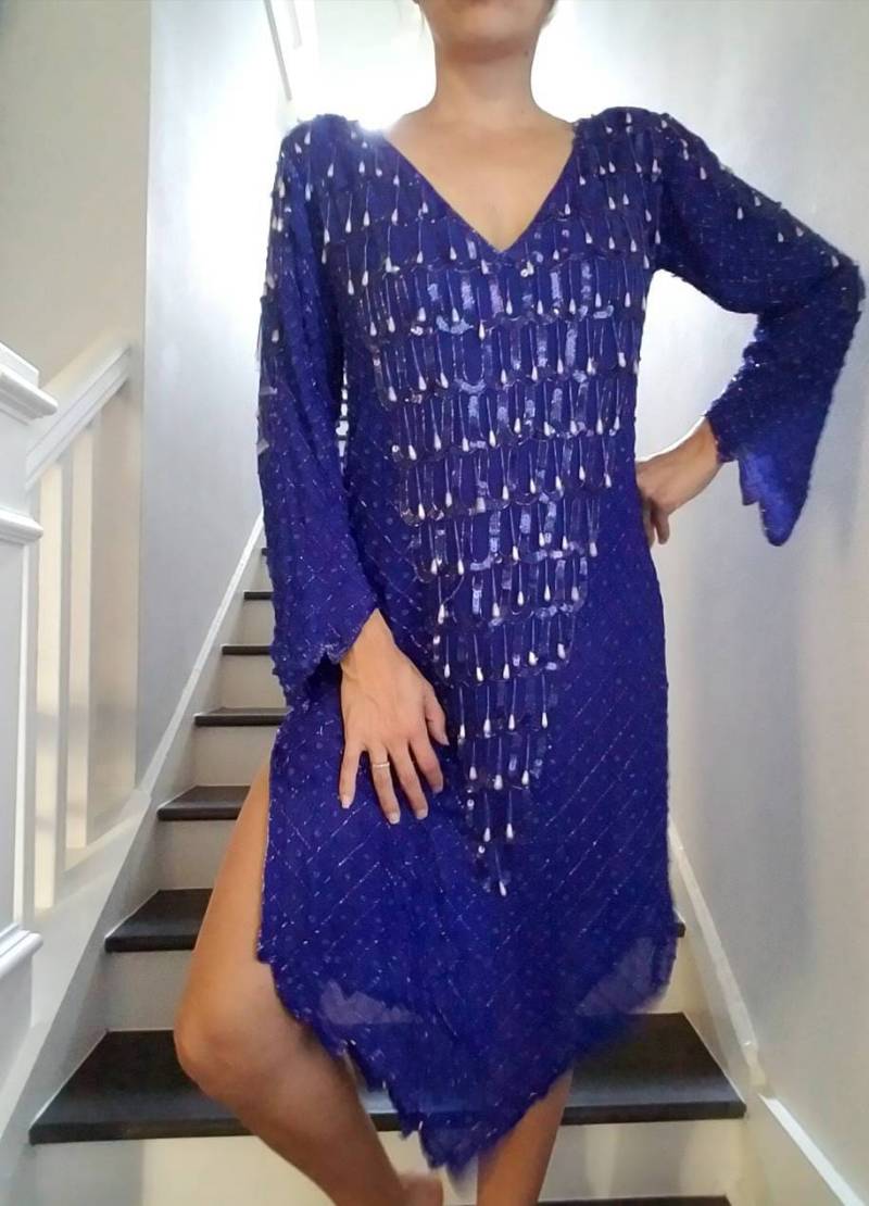 Vintage Seide Perlen Fringe Pailletten Sheer Blau Slouchy Kleid | M 70Er 80Er Jahre Vintage Seide Perlen Fringe Pailletten Sheer Blau Slouchy Kleid | M 70Er 80Er Jahre von heightofvintage