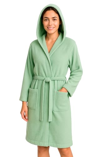 heimtexland ® Bademantel Damen Waffelpique Saunamantel Frottier Kapuze 100% Baumwolle OEKO-TEX schnelltrocknend saugfähig hautfreundlich Typ915 grün L von heimtexland