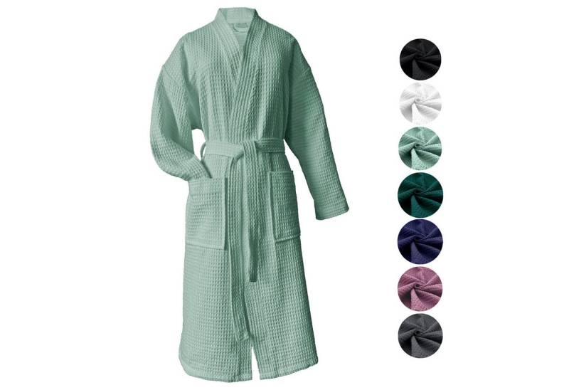 heimtexland Bademantel Reisebademantel Saunamantel Waffelpique Bademantel, Midilänge, 2 Taschen I Bindegürtel, Gürtel, leicht I atmungsaktiv I kleines Packmaß I 100% Baumwolle von heimtexland