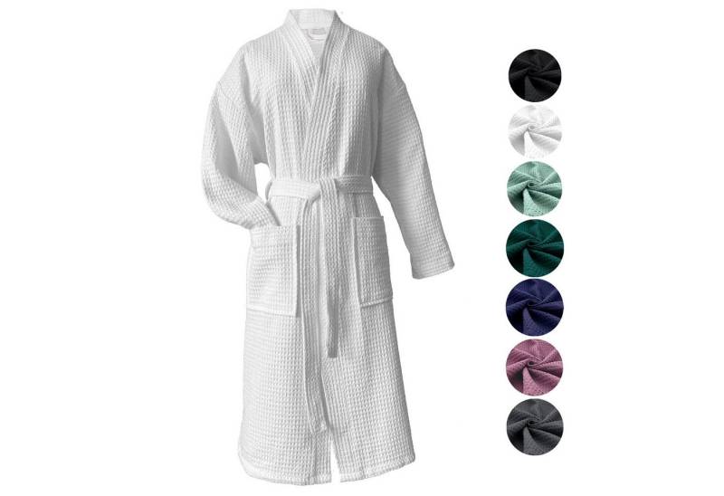 heimtexland Bademantel Reisebademantel Saunamantel Waffelpique Bademantel, Midilänge, Baumwolle, 2 Taschen I Bindegürtel, Gürtel, leicht I atmungsaktiv I kleines Packmaß I 100% Baumwolle von heimtexland