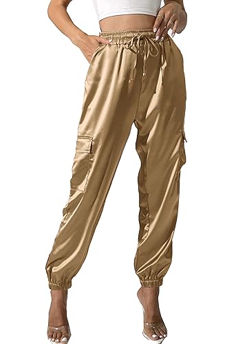 Damen-Cargo-Jogginghose aus Satin, elegant, l?ssig, seidig, elastisch, hohe Taille, Gold, Gr??e XXL von heipeiwa