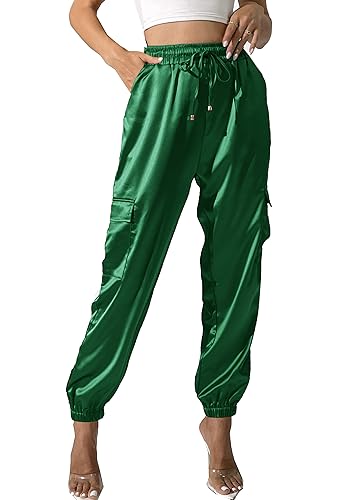 Damen Satin Cargo Jogger Pants Dressy Casual Silky Elastic High Waist Hose, Grün , Groß Damen Satin Cargo Jogger Pants Dressy Casual Silky Elastic High Waist Hose, Grün , Groß von heipeiwa