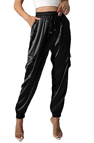 Damen Satin Cargo Jogger Pants Dressy Casual Silky Elastic High Waist Hose, Schwarz, M von heipeiwa