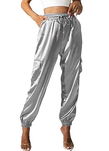 Damen Satin Cargo Jogger Pants Dressy Casual Silky Elastic High Waist Hose, Silber, S von heipeiwa