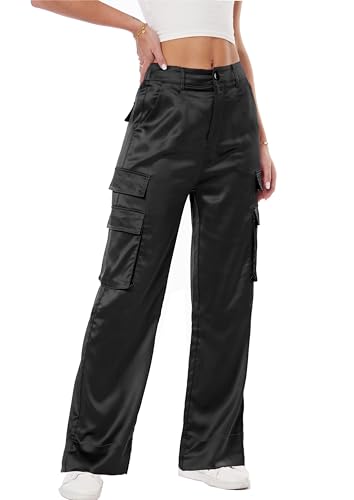 Damen Satin-Cargohose mit weitem Bein, seidig, Party, elegant, lässig, mit Taschen, lange Hose, Schwarz, XX-Large von heipeiwa