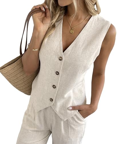 heipeiwa Damen Baumwoll-Leinen-Weste, Knopfleiste, ärmellos, V-Ausschnitt, Tank-Top, Weste, Beige, Medium von heipeiwa