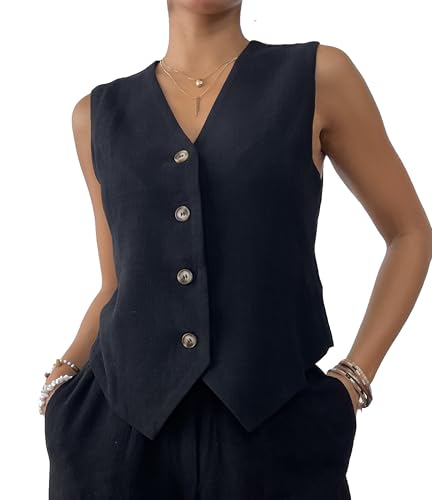 heipeiwa Damen Baumwoll-Leinen-Weste, Knopfleiste, ärmellos, V-Ausschnitt, Tank-Top, Weste, Schwarz, XX-Large von heipeiwa