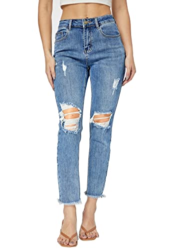 heipeiwa Damen Cropped Jeans Distressed Frayed Stretch Ripped Destroyed Junior Denim Pants Jeans, Fray B Light, Groß von heipeiwa