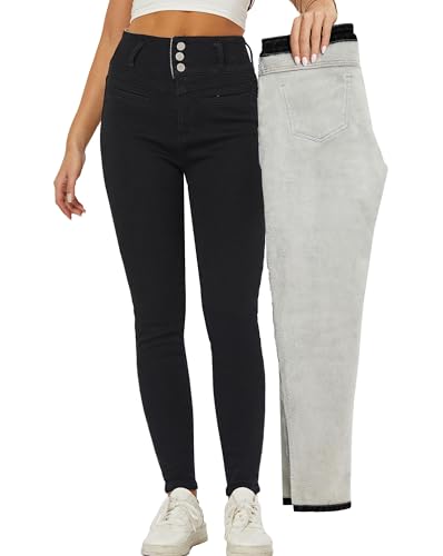 heipeiwa Damen Fleece Gefütterte Jeans Winter Thermo Warm Denim Hose Hohe Taille Skinny Flanell Gefüttert Jeans, Schwarz High Rise, Groß von heipeiwa