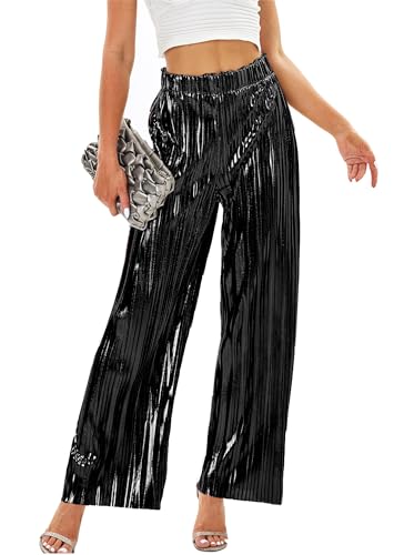 heipeiwa Damen Glänzende Plissee-Hose mit weitem Bein, Party-Ausgehen, hohe elastische Taille, Hosen-Outfit, Clubwear, Schwarz, XX-Large von heipeiwa