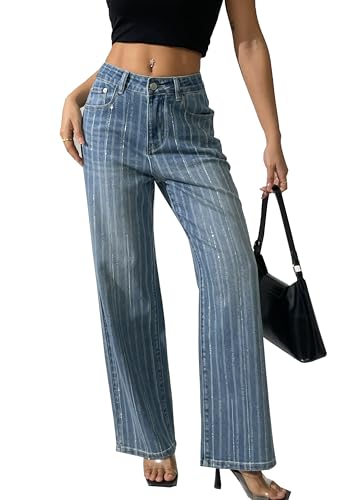 heipeiwa Damen Jeans mit Streifen, Strass, hohe Taille, weites Bein, Denim-Hose, funkelnd, glänzende Paillettenhose, hellblau, XX-Large von heipeiwa