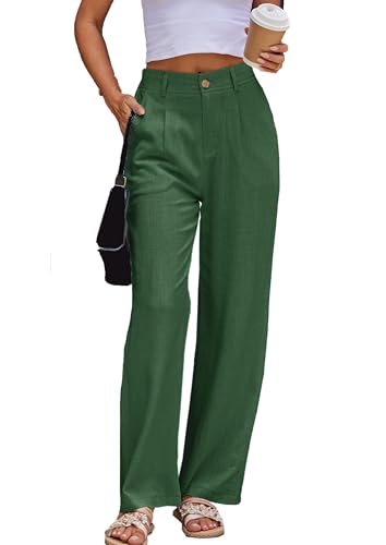 heipeiwa Damen-Leinenhose, leger, hohe Taille, weites Bein, gerades Kleid, Baumwoll-Leinenhose, Knopf-Hose, A Linen Green2, M von heipeiwa