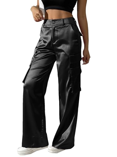 heipeiwa Damen Satin-Cargohose mit weitem Bein seidig Party elegant lässig mit Taschen Lange Hose Schwarz X-Groß von heipeiwa