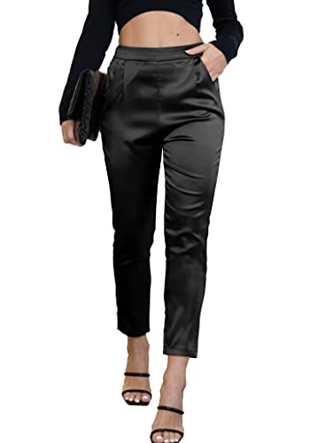 heipeiwa Damen Satin Hosen Kleid Casual Plissee Pull on High Waist Pants mit Taschen, Drapeblack, 3X-Groß von heipeiwa