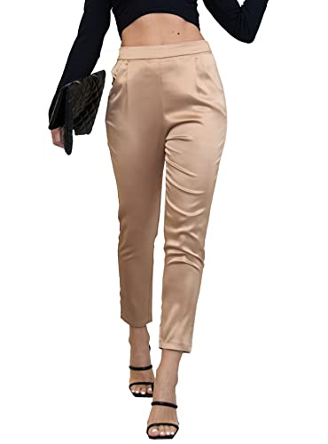 heipeiwa Damen Satin Hosen Kleid Casual Plissee Pull on High Waist Pants mit Taschen, Drapieren Kaffee, Groß von heipeiwa