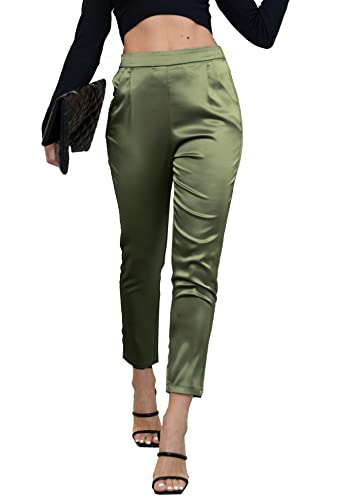 heipeiwa Damen Satin Hosen Kleid Casual Plissee Pull on High Waist Pants mit Taschen, Dunkelgrün, Groß von heipeiwa