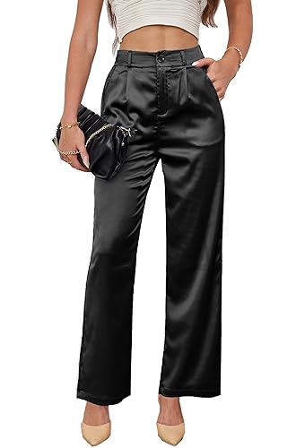 heipeiwa Damen Satin Hosen Kleid Casual Plissee Pull on High Waist Pants mit Taschen, Gerades Bein, schwarz, S von heipeiwa