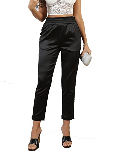 heipeiwa Damen Satin Hosen Kleid Casual Plissee Pull on High Waist Pants mit Taschen, Paperbag-Taille, Schwarz, M von heipeiwa