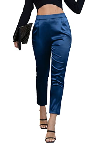 heipeiwa Damen-Satin-Hosenkleid, leger, plissiert, zum Überziehen, hohe Taille, Hose mit Taschen, Drape Blau, X-Groß von heipeiwa