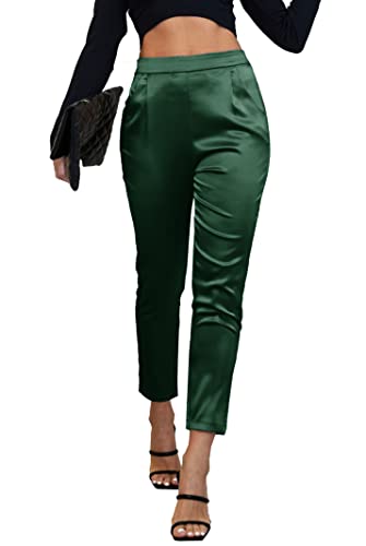 heipeiwa Damen-Satin-Hosenkleid, leger, plissiert, zum Überziehen, hohe Taille, Hose mit Taschen, Drape Green01, Groß von heipeiwa