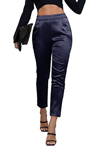 heipeiwa Damen Satin Sommerhose Stoffhose Kleid Casual Plissee Pull on High Waist Pants mit Taschen, Drape Blue Navy, M von heipeiwa