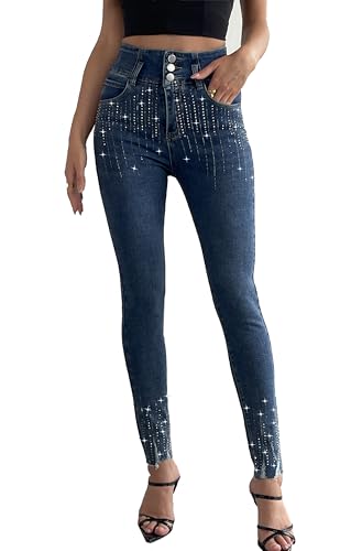 heipeiwa Damen Strass Jeans Skinny Denim Hose Hohe Taille Funkeln Glänzende Pailletten Raw Hem Distressed Jeans, Blau, X-Groß von heipeiwa