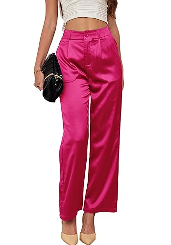 heipeiwa Damen Weites Bein Hochzeit Party Satin Casual Kleid Ausgehhose Lange Hose, PinkRed, M von heipeiwa