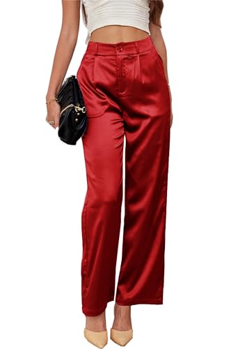 heipeiwa Damen Weites Bein Hochzeit Party Satin Freizeitkleid Nightout Hose Lange Hose, Rot/Ausflug, einfarbig (Getaway Solids), Groß von heipeiwa