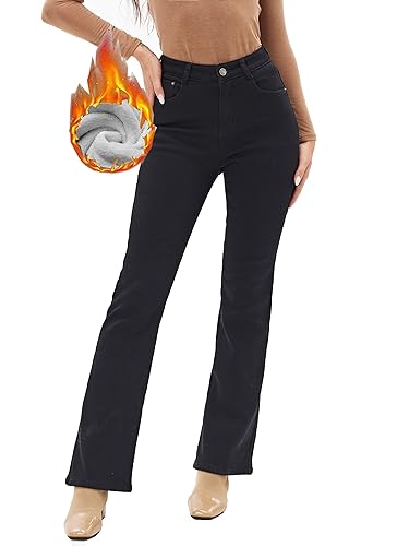 heipeiwa Damen Winter Fleece Gefüttert Thermo Flare Bootcut Jeans Hohe Taille Denim Hose, Bootcut 88 Schwarz, XX-Large von heipeiwa