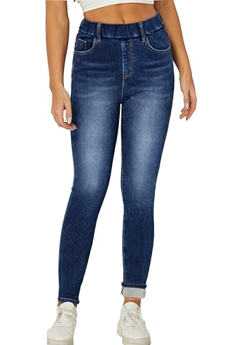 heipeiwa Damen Fleece Gefüttert Winter Thermo Elastische Taille Jeans Stretch Warm Skinny Denim Hose, Elastischer Bund, Blau 19, dunkel, S von heipeiwa