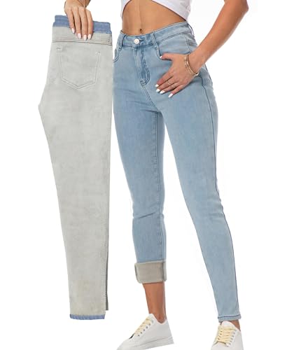 heipeiwa Damen Winter Jeans Dicke Skinny Hose Fleece gefüttert Slim Stretch Warm Jeggings, Bluesky, Groß von heipeiwa