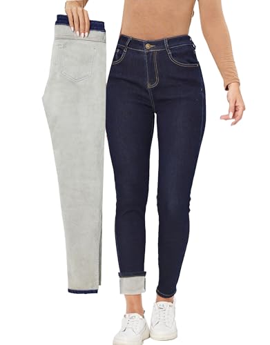 heipeiwa Damen Winter Jeans Dicke Skinny Hose Fleece gefüttert Slim Stretch Warm Jeggings, Dunkelblau, XX-Large von heipeiwa