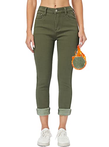 heipeiwa Damen Winter Jeans Dicke Skinny Hose Fleece gefüttert Slim Stretch Warm Jeggings, Grün (Army Green), S von heipeiwa